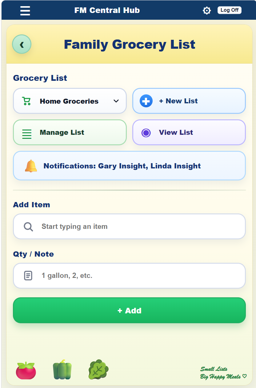 FM Central Family Grocery List screen