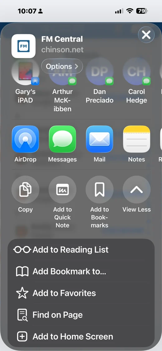 Expanded iPhone Share screen showing Add to Home Screen