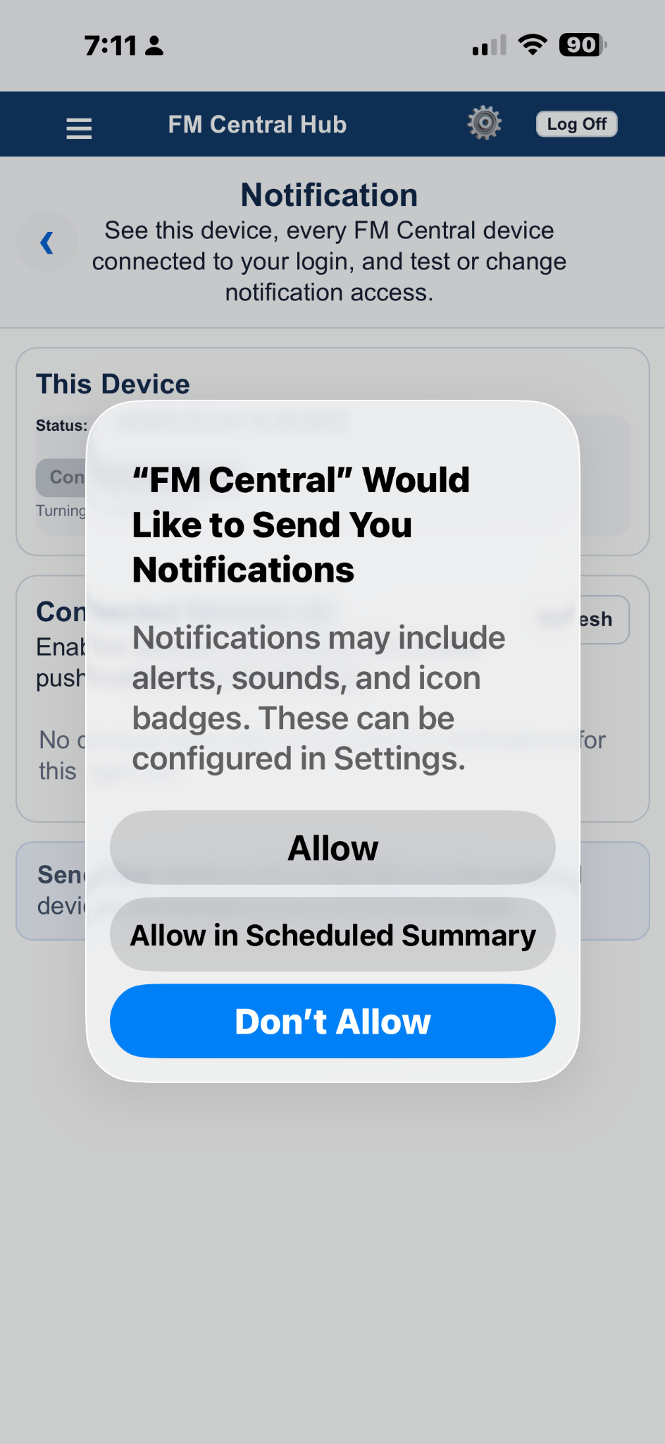 iPhone permission asking to allow FM Central notifications